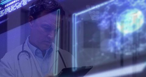 Doctor analyzing futuristic holographic medical data