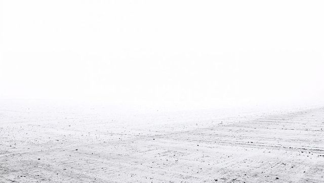Minimal monochrome desert plain expanse with compacted dirt and faint ruts under hazy sky