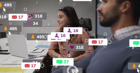 Business Team Discussing with Overlay of Digital Notifications