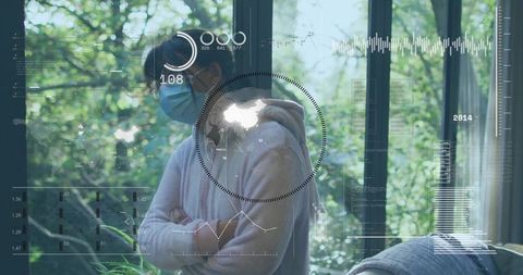 Masked child gazing through window with futuristic HUD overlays showing data and health