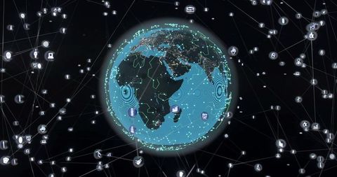 Digital globe visualizing global iot network, data nodes and connected city lights