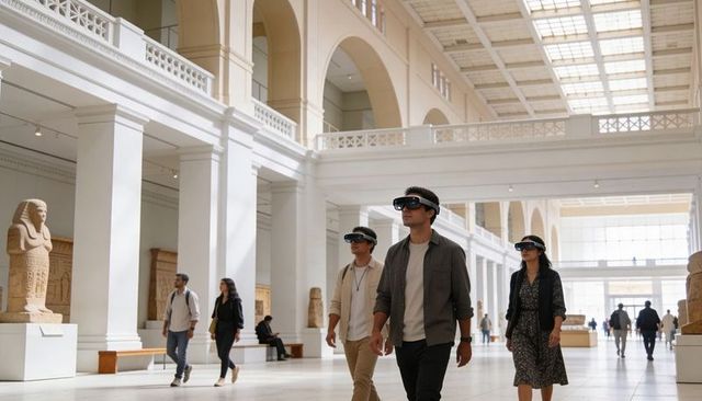 Visitors exploring museum with augmented reality headsets in grand neoclassical gallery