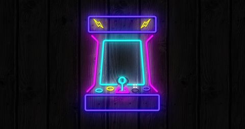 Neon Retro Arcade Game Sign on Black Background
