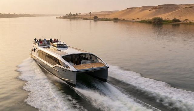 Luxury twin-hull catamaran cruising calm river at golden hour past desert dunes