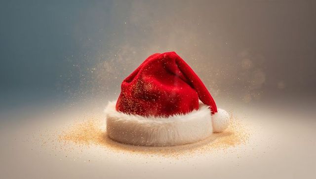 Crimson Velvet Santa Hat with Golden Glitter Sparkle Holiday Still Life on Soft Backdrop