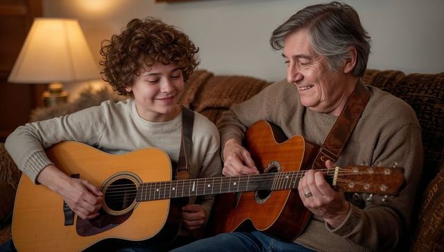 Grandfather teaching grandson acoustic guitar on cozy living room sofa, smiling and strumming