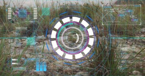 Futuristic augmented reality interface on coastal landscape