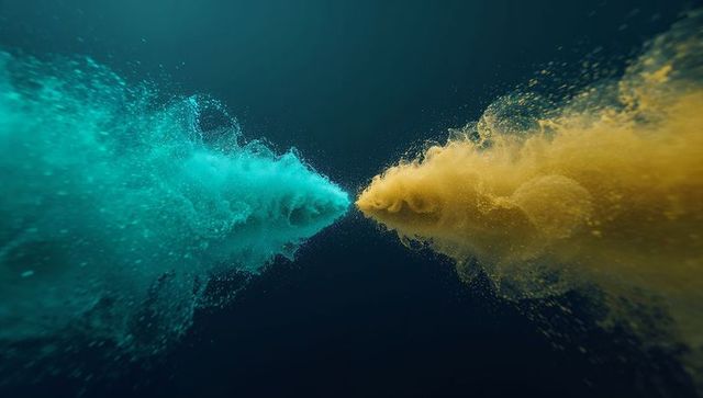 Dynamic collision of teal and mustard yellow particle plumes
