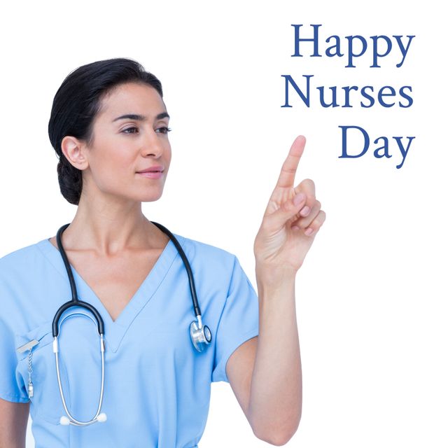 Happy Nurses Day Text with Smiling Female Nurse in Scrubs Pointing - Download Free Stock Templates Pikwizard.com