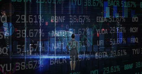 Businesswoman Analyzing Stock Market Trends in Futuristic Office - Download Free Stock Images Pikwizard.com