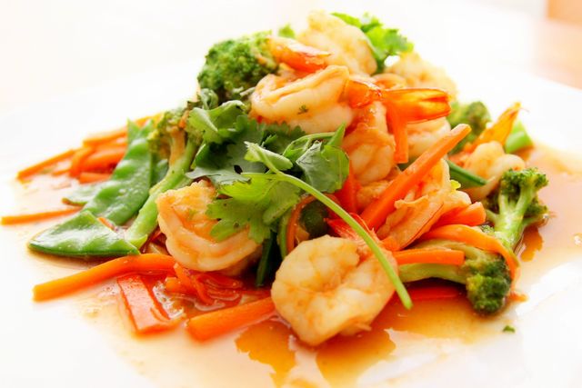 A vibrant and nutritious shrimp stir-fry with fresh vegetables, including broccoli, carrots, and snap peas. Perfect for websites and blogs focusing on healthy eating, recipes, and nutrition advice.