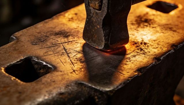 Blacksmith hammer striking glowing steel billet on anvil top with hardy hole and sparks
