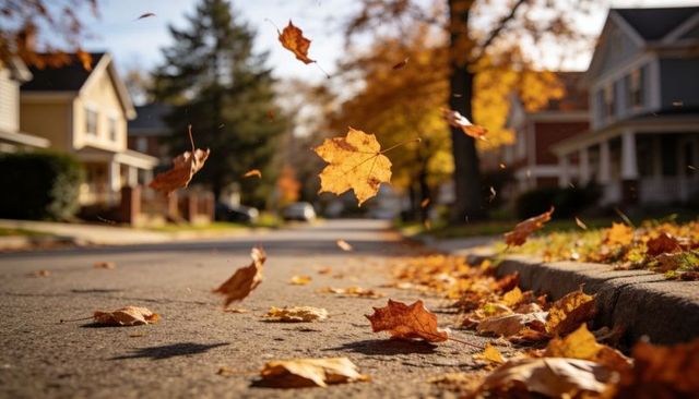 Drifting maple leaf hovering above suburban street at golden hour autumn curb scene