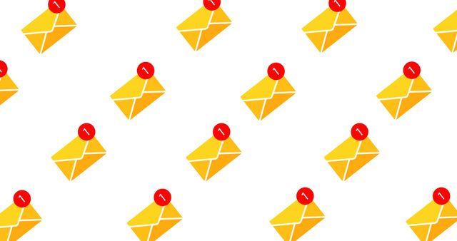 Illustration of yellow envelops representing unread emails with number 1 on white background. Communication, vector, e-mail, message, letter, clipart, business, pattern.
