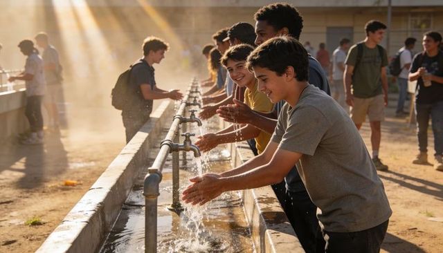 Teenage boys washing hands at outdoor school trough in golden sunlight