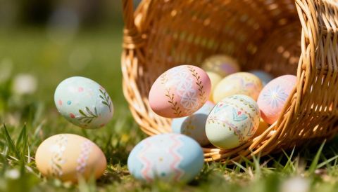 Pastel hand-painted easter eggs spilling from wicker basket on sunny spring meadow grass
