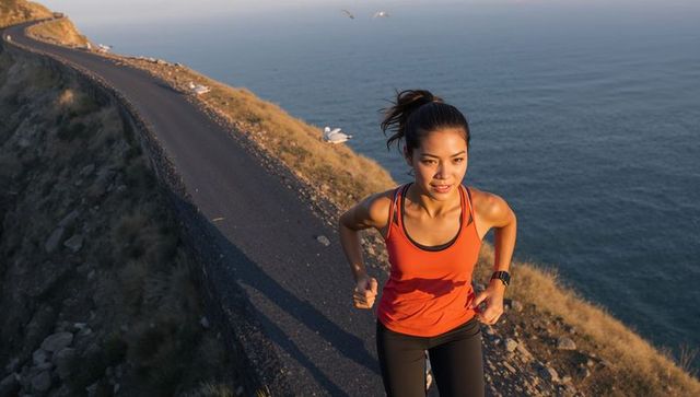 Sunlit Asian woman running uphill on coastal cliff road during golden hour for fitness motivation
