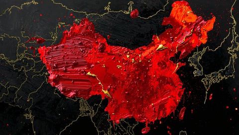 Red impasto rendering of china map with gold accents