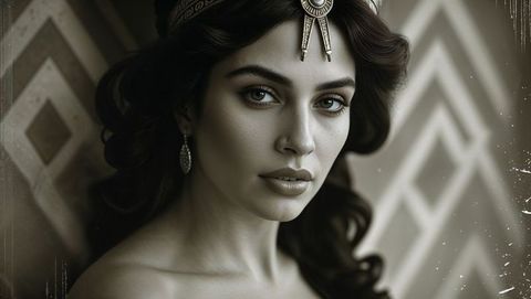 Elegant cleopatra in ornate gold headpiece with geometric backdrop