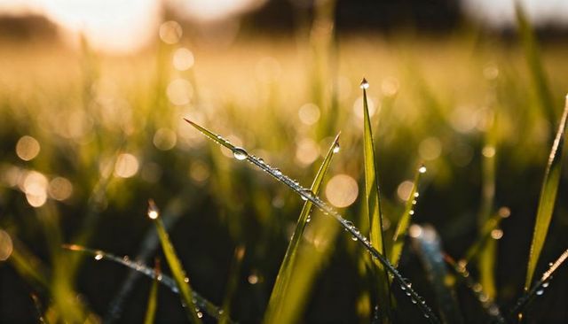 Dew-covered grass blades catching golden morning backlight with bokeh droplets