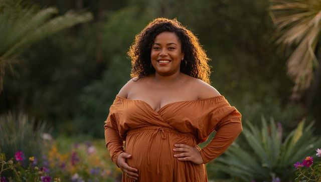 Sunlit pregnant woman standing in garden cradling belly at golden hour, rust dress