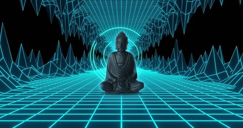 Buddha Sculpture in Neon Futuristic Digital Tunnel - Download Free Stock Images Pikwizard.com