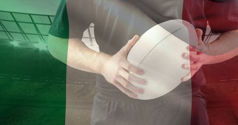 Rugby player holding ball with italian flag overlay