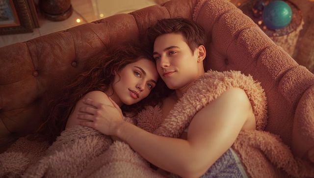 Cozy IntIMATE Moment: Couple Cuddling on Sofa with Fuzzy Blanket