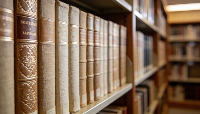 Cloth-Bound Vintage Books Lining Library Shelves with Ornate Leather Spines Warm Light