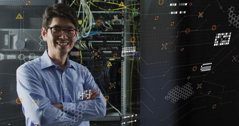 Confident Engineer in Server Room Surrounded by Digital Interface - Download Free Stock Images Pikwizard.com