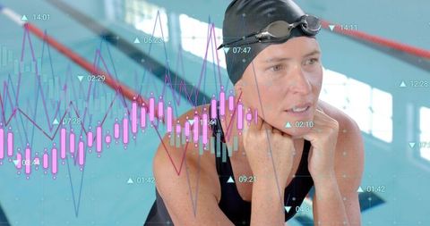 Resting mature swimmer with analytics overlay, candlestick chart and training metrics