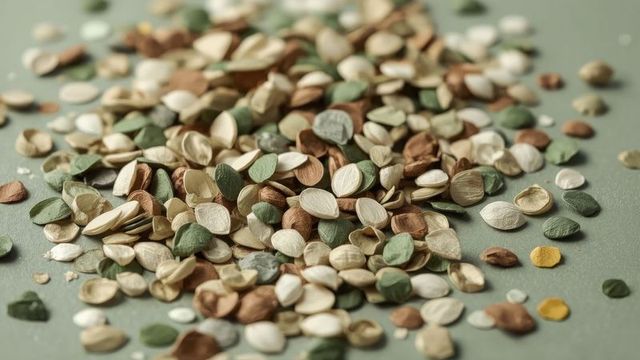 Organic arrangement of natural colored discs on green surface