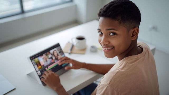 Teen editing video on tablet at minimalist desk, smiling while using touchscreen