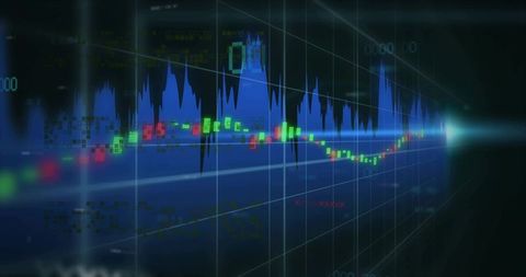 Futuristic Financial Dashboard Showing Candlestick Chart, Blue Waveform and Holographic Grid