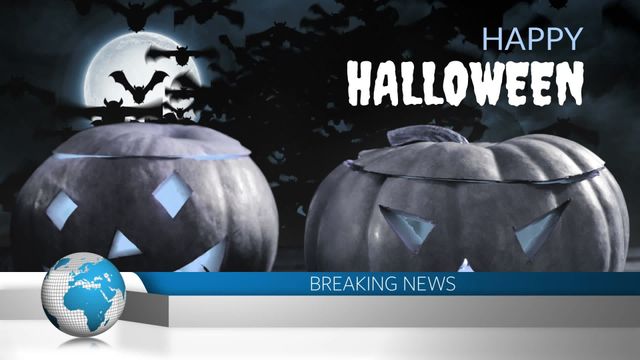 Digital graphic displaying two Halloween pumpkins with jack-o'-lantern faces. Bats flying around create a spooky atmosphere, while 'Happy Halloween' text adds a festive element. The bottom features a breaking news banner for a creative news announcement design. Ideal for Halloween event promotions, social media graphics, or themed content creation.