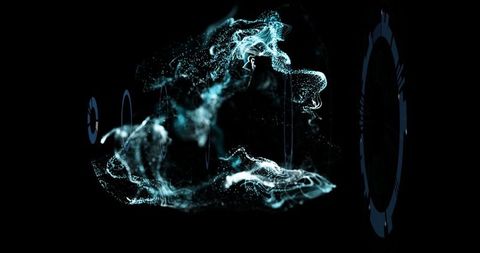 Futuristic particle cloud with digital rings in virtual space