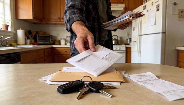 Hand reaching for stamped envelope on kitchen counter with keys, bills, and paperwork