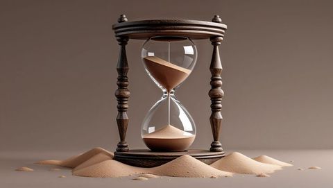 Classic wooden hourglass with flowing sand on rustic table