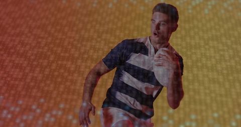 Dynamic rugby player in action with futuristic digital overlay