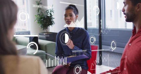 Presenting woman leading augmented reality data visualization for team collaboration