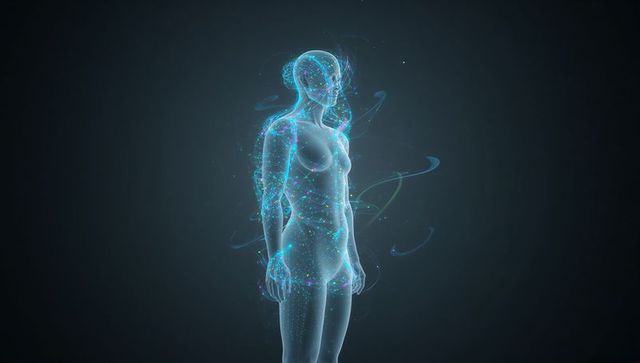 Glowing Holographic Human Figure Pulsing with Neon Particles and Data Nodes