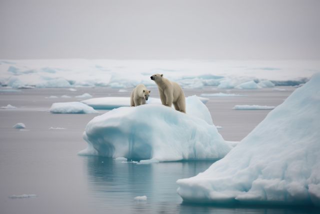 Two polarbears standing on iceberg at sea created using generative ai technology. Nature and animals concept digitally generated image.