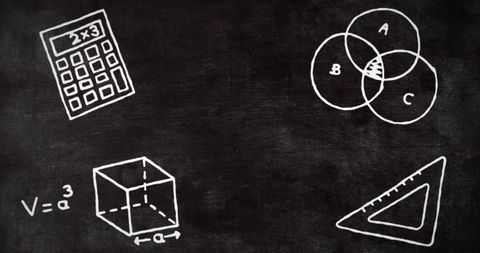 Teaching math concepts on chalkboard with calculator, venn diagram, cube and triangle ruler