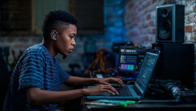 Young music producer mixing electronic track on laptop in moody home studio with monitors