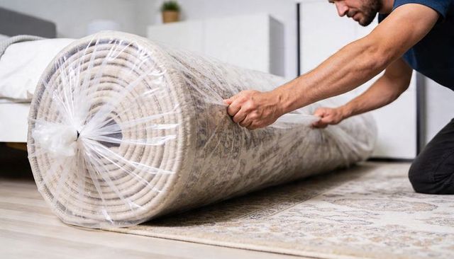 Kneeling man unwrapping rolled beige rug in modern bedroom, unboxing new carpet