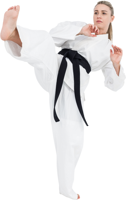 Female Martial Artist in White Uniform Practicing High Kick Transparent Background - Download Free Stock Videos Pikwizard.com