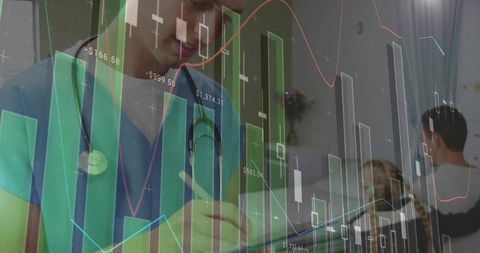 Clinician writing notes in pediatric clinic overlaying healthcare analytics and charts