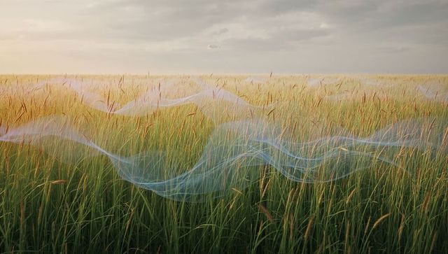 Swaying tall grasses with ethereal blue ribbons bathing in warm golden light