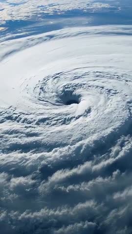 Vertical satellite video capturing rotating cyclone eye and swirling storm bands over ocean