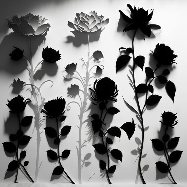 Black and white flower silhouettes on white background, created using generative ai technology. Nature, pattern and texture concept digitally generated image.